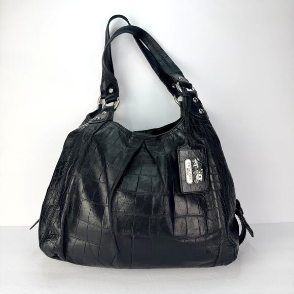 Coach Maggie Madison Black Leather Croc Embossed Handbag 14602 Silver Accents - Picture 1 of 16